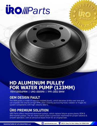URO Parts Aluminum Water Pump Pulley 11511730554PRM for 1991-2002 BMW 3.2L 2.8L (323i, 323is, 325i, 325is)
