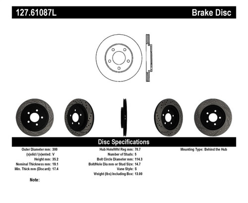 StopTech Sport Drilled & Slotted Brake Rotor; Rear Left 127.61087L