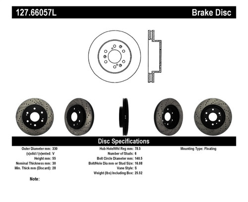 StopTech Sport Drilled & Slotted Brake Rotor; Front Left 127.66057L
