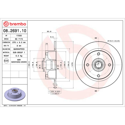 Solid Standard Rotor for 1965-1974 Volkswagen (Fastback, Karmann Ghia, Squareback) 08.2691.10