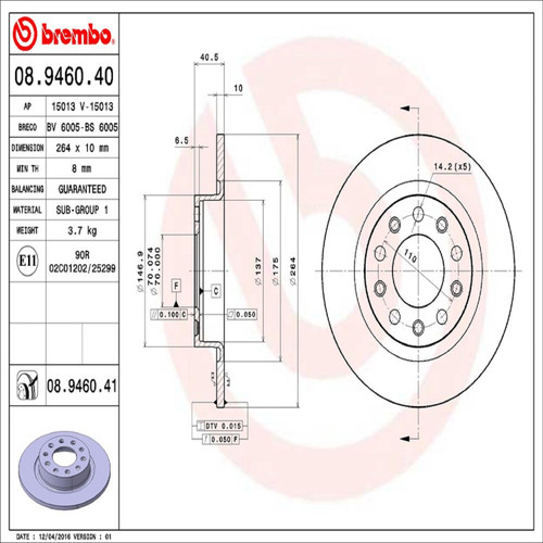 PRIME Disc Brake Rotor for 2013-2016 Dodge (Dart) 08.9460.41