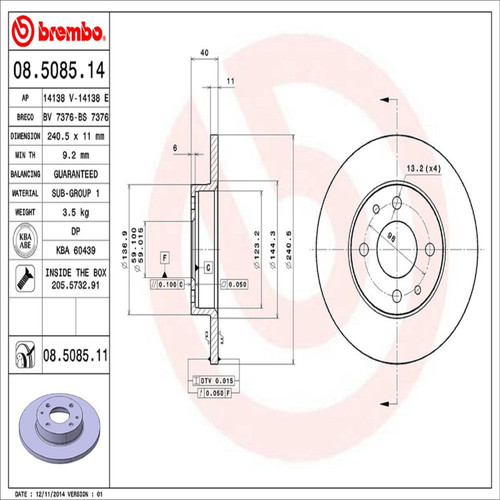 PRIME Disc Brake Rotor for 2012-2019 Fiat (500) 08.5085.11