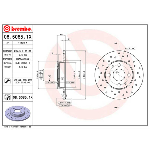 XTRA Disc Brake Rotor for 2012-2019 Fiat (500) 08.5085.1X