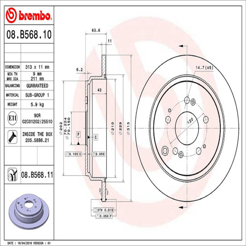 PRIME Disc Brake Rotor for 2005-2010 Honda (Odyssey) 08.B568.11