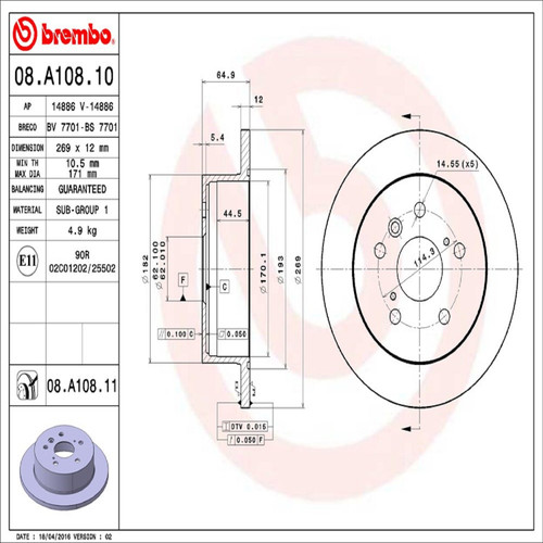 PRIME Disc Brake Rotor for 2002-2008 Lexus/Toyota (ES300, Camry, ES330, Solara) 08.A108.11