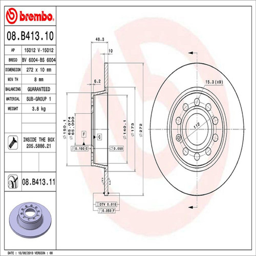 PRIME Disc Brake Rotor for 2005-2025 Volkswagen/Audi (Jetta, Eos, A3, GTI) 08.B413.11
