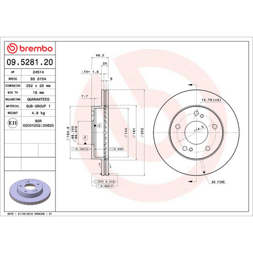 Premium Vented Brake Rotor for 1995-1996 Nissan (240SX) 09.5281.20