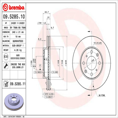PRIME Disc Brake Rotor for 1990-2000 Honda (Civic, CRX, Civic del Sol) 09.5285.11