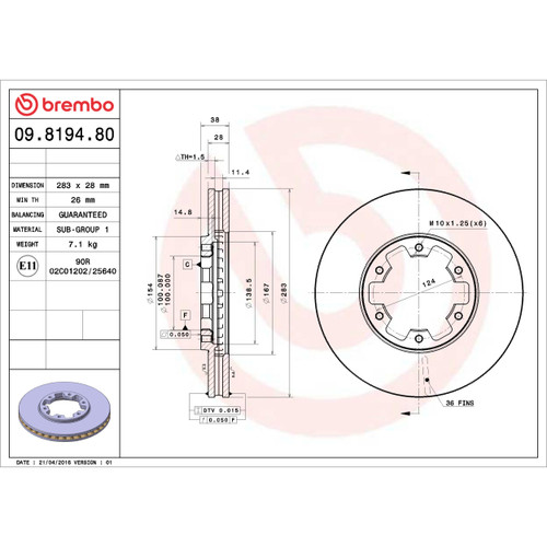 Premium UV Coated Front Brake Rotor for 1996-2004 Nissan/INFINITI (Frontier, QX4, Pathfinder, Xterra) 09.8194.80