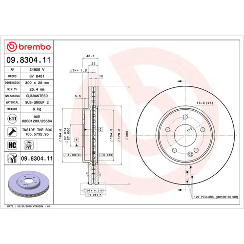 PRIME Disc Brake Rotor for 1996-2008 Mercedes-Benz/Chrysler (CLK320, CLK430, E300, E320) 09.8304.11