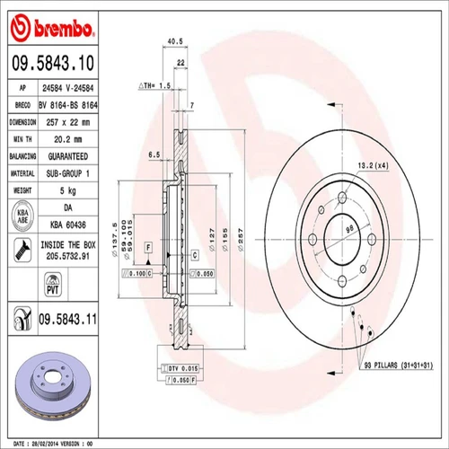 PRIME Disc Brake Rotor for 2012-2017 Fiat (500) 09.5843.11