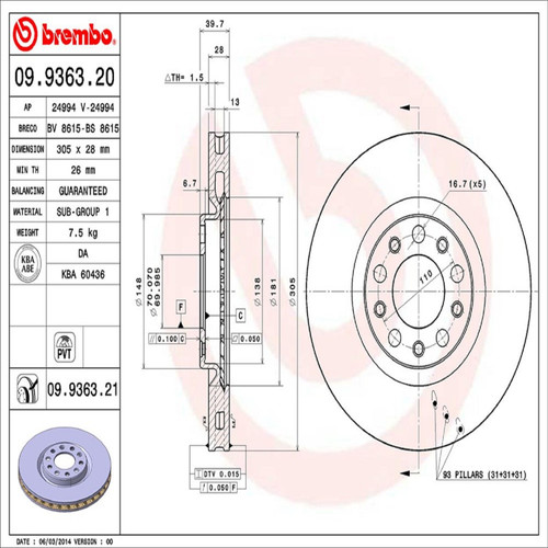 PRIME Disc Brake Rotor for 2013-2017 Dodge/Chrysler (Dart, 200) 09.9363.21