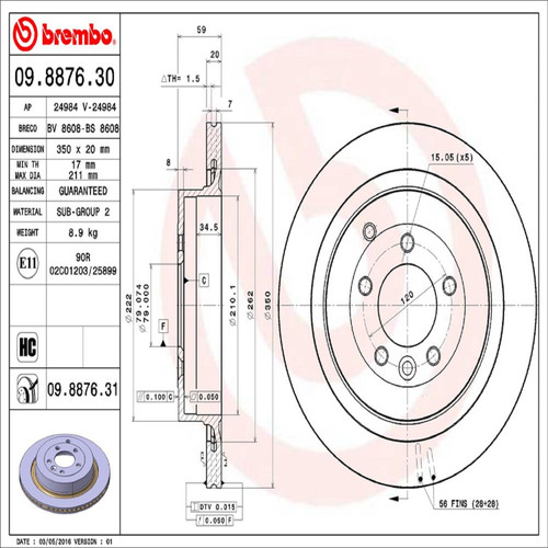 PRIME Disc Brake Rotor for 2005-2016 Land Rover (LR3, Range Rover Sport, LR4) 09.8876.31