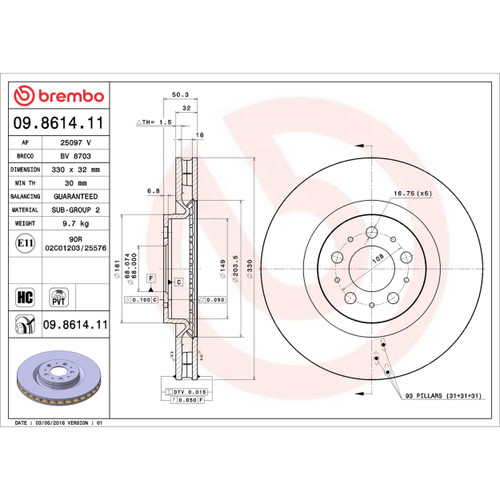 PRIME Disc Brake Rotor for 2004-2007 Volvo (S60, V70) 09.8614.11