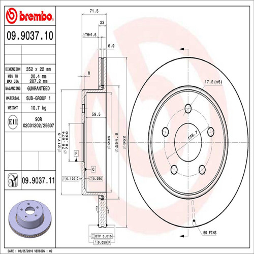 PRIME Disc Brake Rotor for 2002-2024 Dodge/Chrysler/Ram (Ram 1500, Durango, Aspen, 1500) 09.9037.11