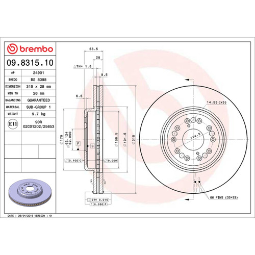 Premium Vented Brake Rotor for 1995-2000 Lexus (LS400) 09.8315.10