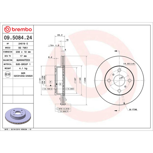 Premium Front Brake Rotor for 1988-1992 Geo/Toyota (Prizm, Corolla) 09.5084.24