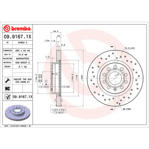 XTRA Disc Brake Rotor for 2010-2019 Volkswagen (GTI, Golf, Jetta, Beetle) 09.9167.1X