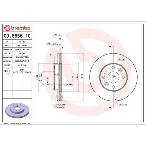 Premium Vented Brake Rotor for 1994-2000 Kia (Sephia, Spectra) 09.8656.10