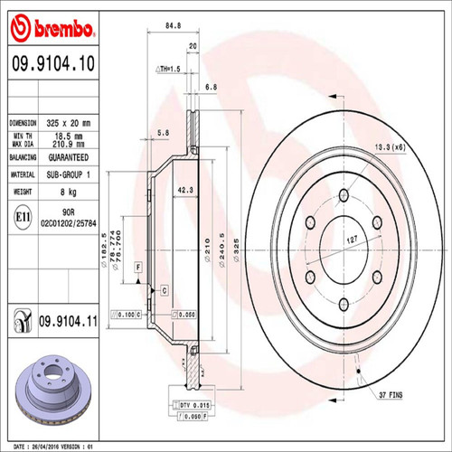 PRIME Disc Brake Rotor for 2002-2009 Isuzu/Chevrolet/GMC (Ascender, Trailblazer, Envoy, Bravada) 09.9104.11