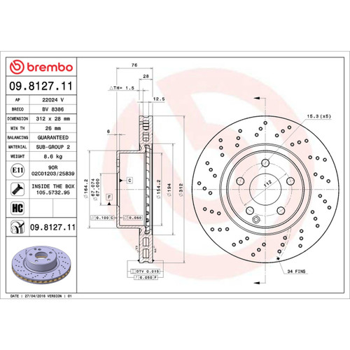 PRIME Disc Brake Rotor for 2003-2006 Mercedes-Benz (CL500, S430, S500, S350) 09.8127.11