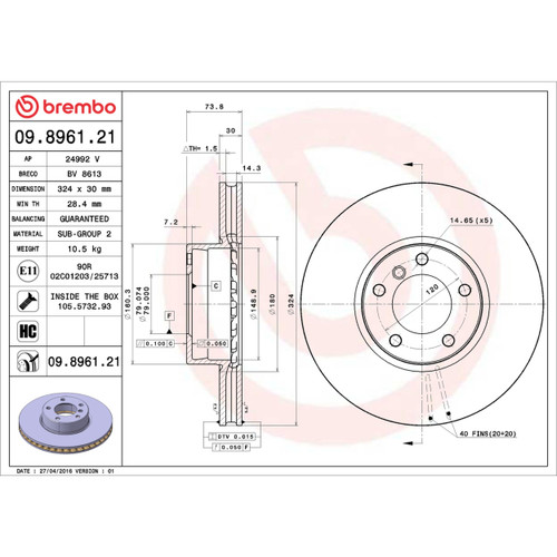 PRIME Disc Brake Rotor for 2000-2003 BMW (530i, 540i) 09.8961.21