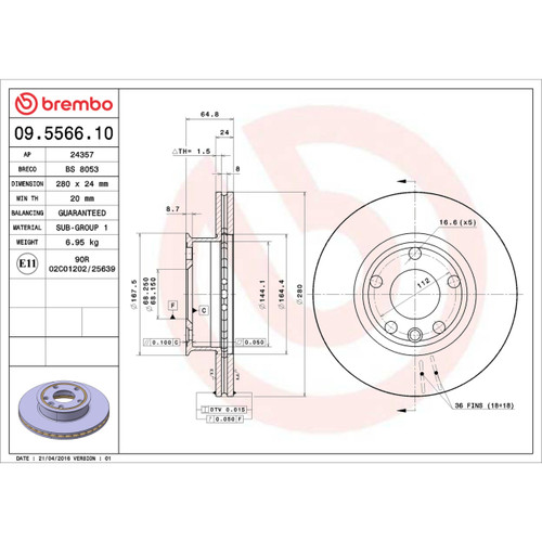Premium Vented Brake Rotor for 1993-1995 Volkswagen (EuroVan) 09.5566.10