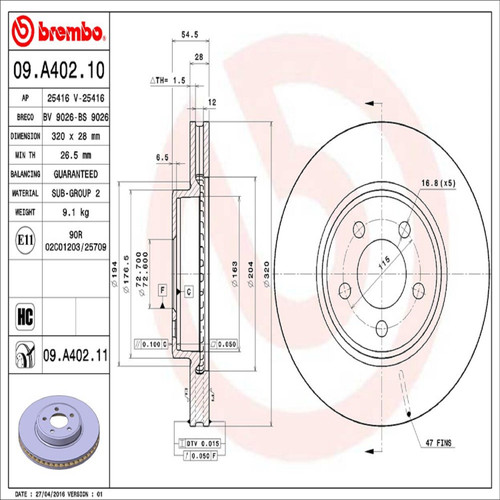 PRIME Disc Brake Rotor for 2005-2020 Dodge/Chrysler (Magnum, 300, Charger, Challenger) 09.A402.11