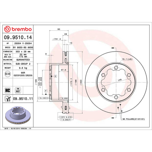 PRIME Disc Brake Rotor for 2007-2025 Dodge/Mercedes-Benz (Sprinter 3500, Sprinter 3500XD) 09.9510.14