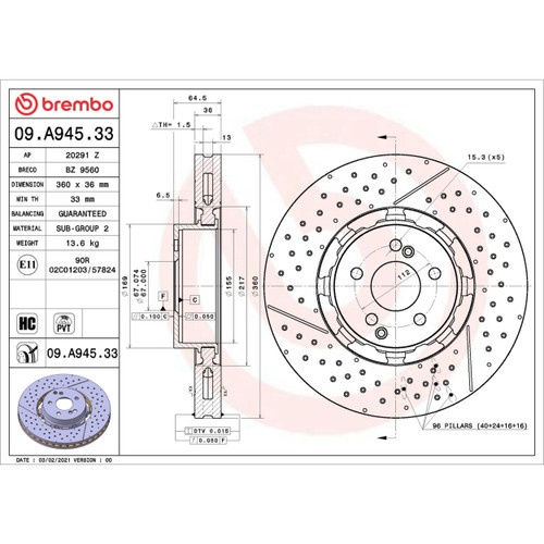 PRIME Disc Brake Rotor for 2012-2025 Mercedes-Benz (C63 AMG, CLS63 AMG, E63 AMG, CLS63 AMG S) 09.A945.33
