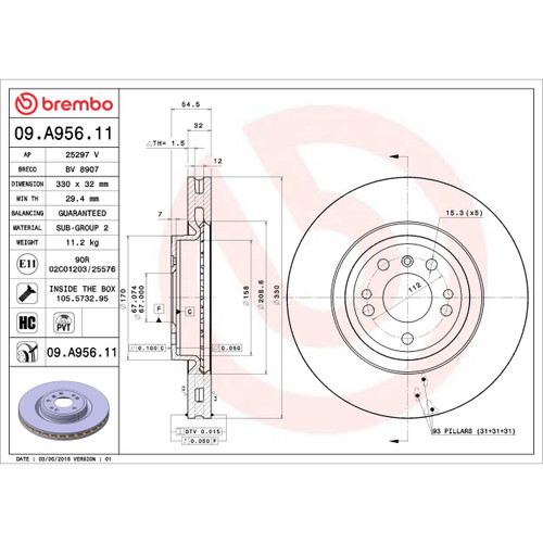 PRIME Disc Brake Rotor for 2012-2018 Mercedes-Benz (ML350, ML250, GLE300d, GLE350) 09.A956.11