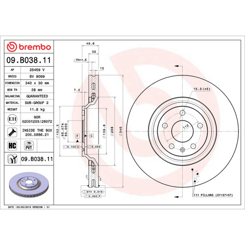 PRIME Disc Brake Rotor for 2008-2015 Audi (TT, TT Quattro, TT RS Quattro, TTS Quattro) 09.B038.11