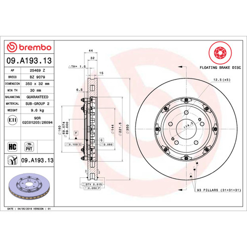 PRIME Disc Brake Rotor for 2008-2014 Mitsubishi (Lancer) 09.A193.13