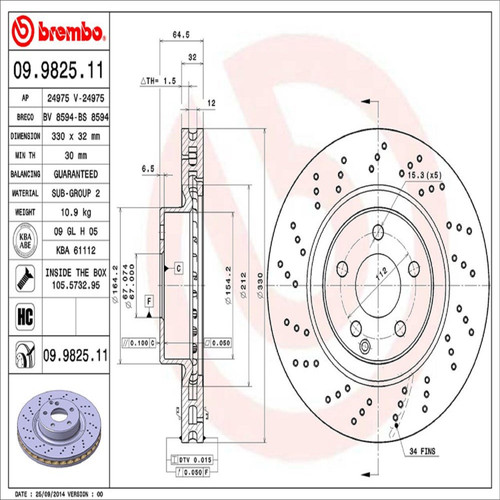 PRIME Disc Brake Rotor for 2003-2012 Mercedes-Benz (E500, SL500, E350, SL550) 09.9825.11
