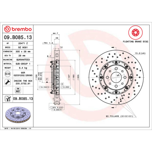 PRIME Disc Brake Rotor for 2012-2019 Fiat (500) 09.B085.13