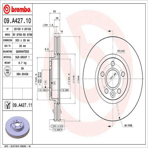 PRIME Disc Brake Rotor for 2007-2019 Volvo/Land Rover (S80, XC70, V70, S60) 09.A427.11