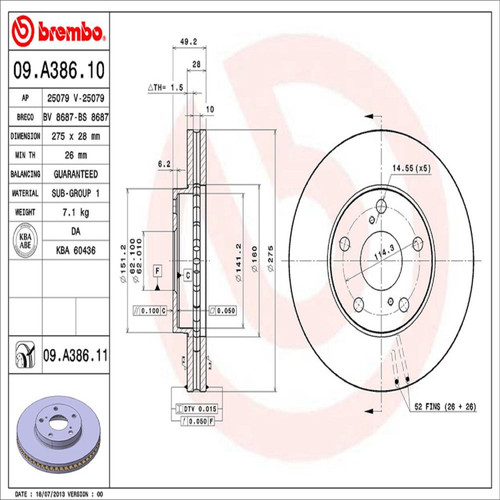 PRIME Disc Brake Rotor for 1992-2004 Lexus/Toyota (ES300, Avalon, Camry, Sienna) 09.A386.11