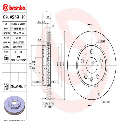 PRIME Disc Brake Rotor for 2010-2016 Buick/Saab/Chevrolet (Regal, 9-5, LaCrosse, Malibu) 09.A969.11