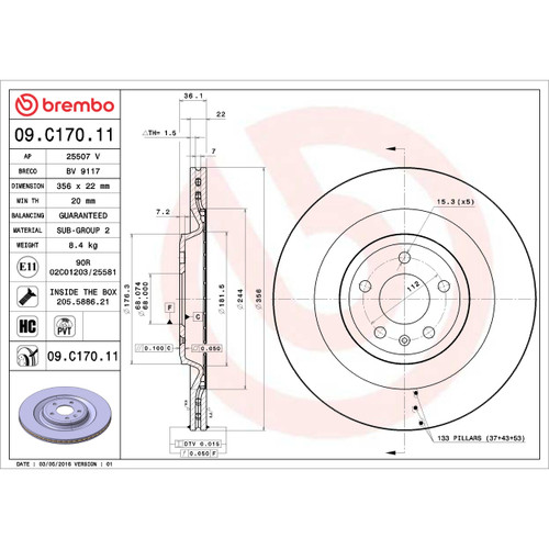 PRIME Disc Brake Rotor for 2010-2018 Audi (A8 Quattro, A7 Quattro, A6, A6 Quattro) 09.C170.11