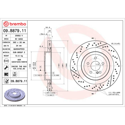 PRIME Disc Brake Rotor for 2013-2023 Mercedes-Benz (SL63 AMG, SL65 AMG, C63 AMG, C63 AMG S) 09.B879.11