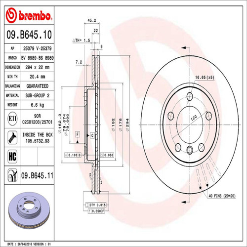 PRIME Disc Brake Rotor for 2011-2016 Mini (Cooper Countryman, Cooper Paceman) 09.B645.11