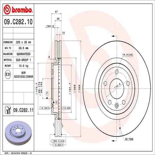 PRIME Disc Brake Rotor for 2009-2019 Ford/Lincoln (Flex, MKS, MKT, Taurus) 09.C282.11