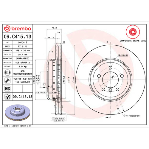 PRIME Disc Brake Rotor for 2011-2016 BMW (Z4) 09.C415.13