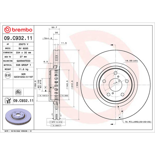 PRIME Disc Brake Rotor for 2006-2025 Lexus (GS430, IS350, GS450h, GS350) 09.C932.11