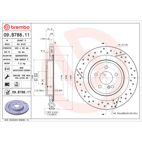 PRIME Disc Brake Rotor for 2012-2020 Mercedes-Benz (SLK55 AMG, CLA45 AMG, GLA45 AMG, SLC43 AMG) 09.B788.11