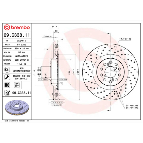 PRIME Disc Brake Rotor for 2017-2019 Honda (Civic) 09.C338.11