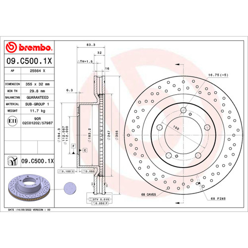 XTRA Disc Brake Rotor for 2007-2022 Toyota/Lexus (Tundra, Sequoia, LX570, Land Cruiser) 09.C500.1X