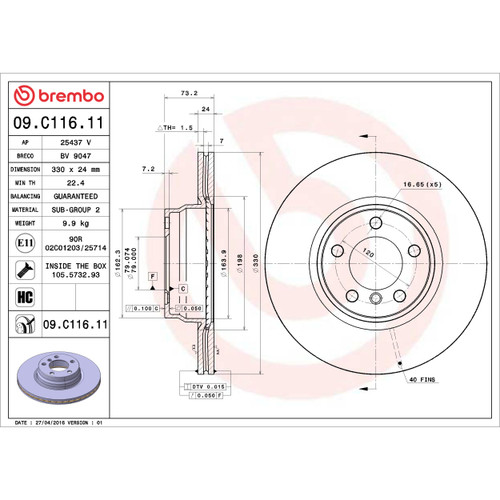 PRIME Disc Brake Rotor for 2012-2018 BMW (328i, 328i xDrive, 428i, 428i xDrive) 09.C116.11