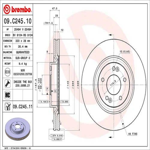 PRIME Disc Brake Rotor for 2011-2025 Hyundai/Kia (Azera, Optima, Cadenza, Sonata) 09.C245.11