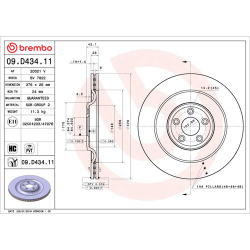 PRIME Disc Brake Rotor for 2010-2024 Jaguar (XF, XFR, XKR, XJ) 09.D434.11